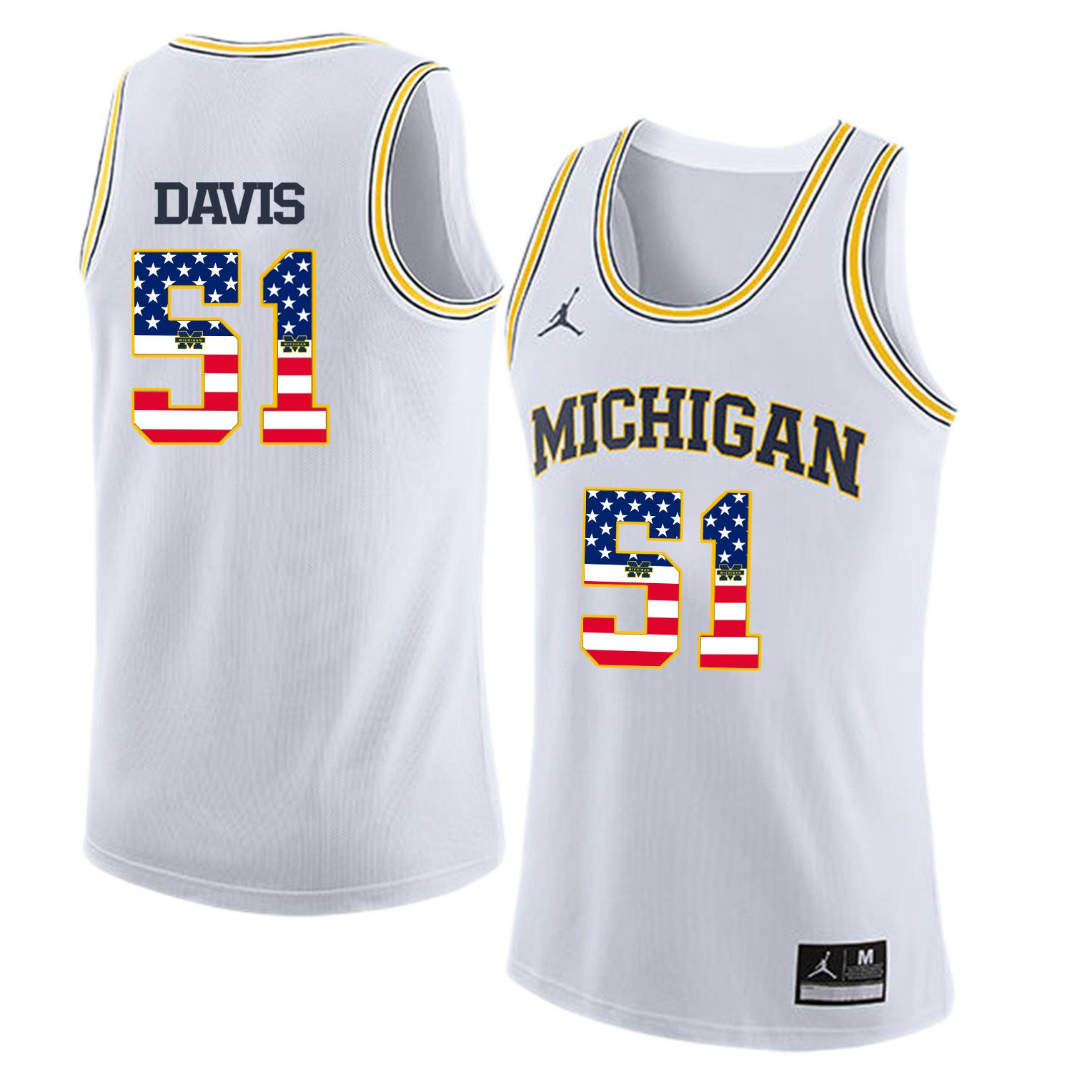 Men Jordan University of Michigan Basketball White #51 Davis Flag Customized NCAA Jerseys->customized ncaa jersey->Custom Jersey